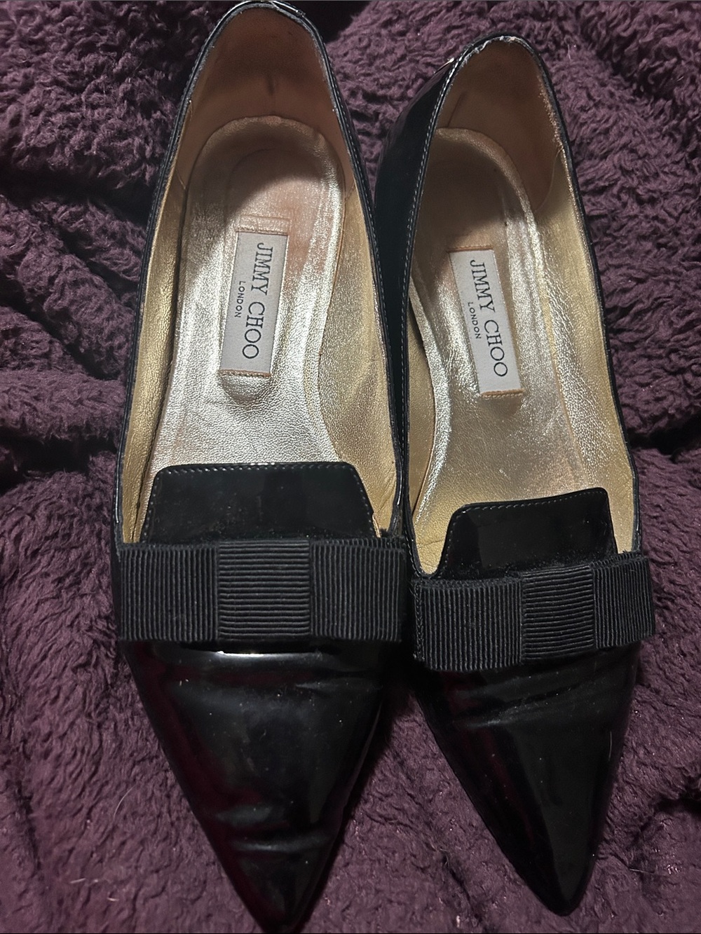 Jimmy Choo Black Patent Pointed-Toe Bow Flats